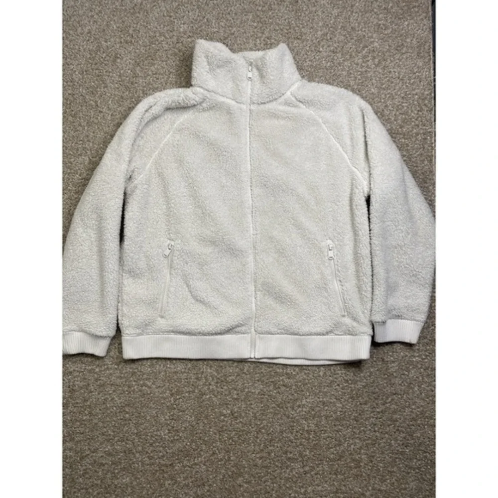 Athleta Jacket Womens Large Beige Sherpa Fleece Full‎ Zip Pockets